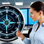 **

"A businesswoman in a modern office, looking at a holographic compass displaying innovation keywords. She's wearing professional attire, fully clothed. The office has a bright, futuristic design with data visualizations in the background. Perfect anatomy, natural proportions, safe for work, appropriate content, professional, high quality."

**