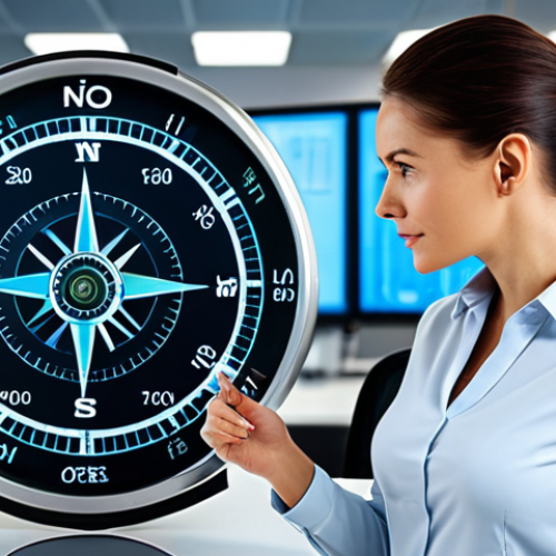 **

"A businesswoman in a modern office, looking at a holographic compass displaying innovation keywords. She's wearing professional attire, fully clothed. The office has a bright, futuristic design with data visualizations in the background. Perfect anatomy, natural proportions, safe for work, appropriate content, professional, high quality."

**