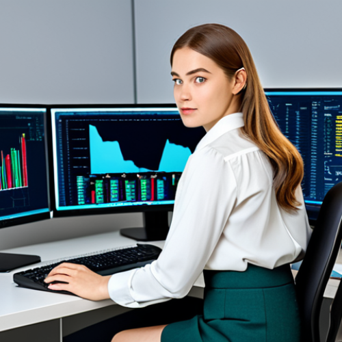 **

"A professional data analyst in a modest blouse and skirt, sitting at a workstation with multiple monitors displaying code and charts, fully clothed, appropriate attire, safe for work, perfect anatomy, correct proportions, natural pose, professional digital art, clean and modern office environment, family-friendly."

**