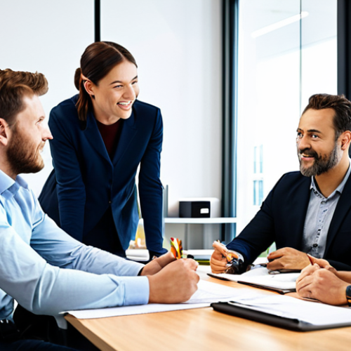 **Prompt:** A diverse team collaborating in a modern, open-plan office, engaging in a brainstorming session, fully clothed in appropriate business casual attire, safe for work, illustrating Agile methodologies, perfect anatomy, natural proportions, professional, family-friendly.