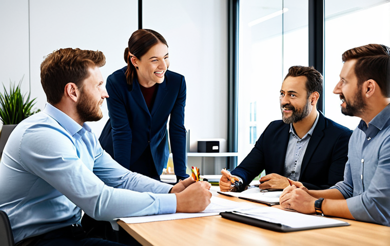 **Prompt:** A diverse team collaborating in a modern, open-plan office, engaging in a brainstorming session, fully clothed in appropriate business casual attire, safe for work, illustrating Agile methodologies, perfect anatomy, natural proportions, professional, family-friendly.